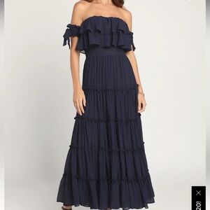 Like New Lulu’s Chance For Us Navy Blue Off-the-Shoulder Ruffled Maxi Dress